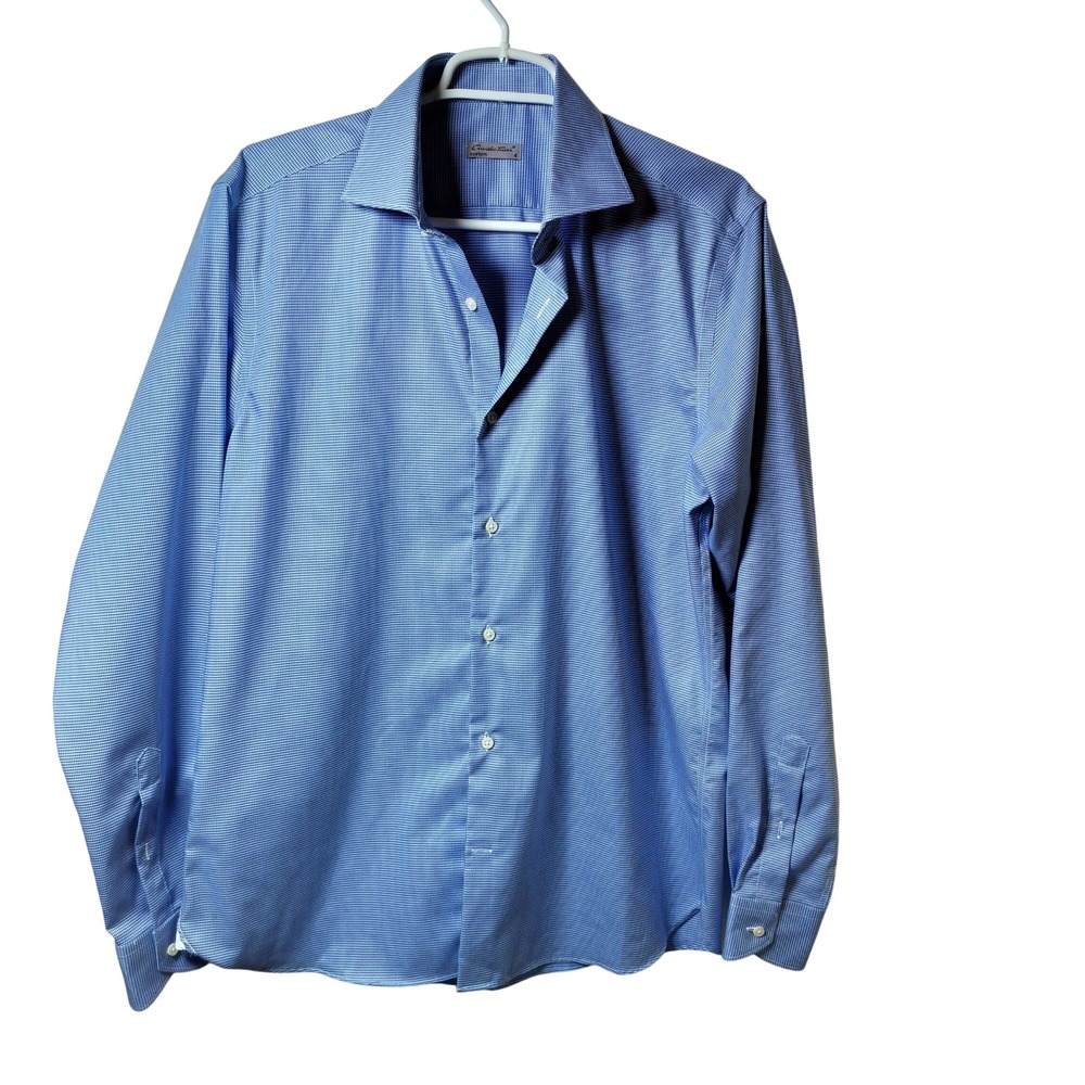 Emidio Tucci Custom Mens Blue Micro Houndstooth Cotton‎ Dress Shirt Size 4 L